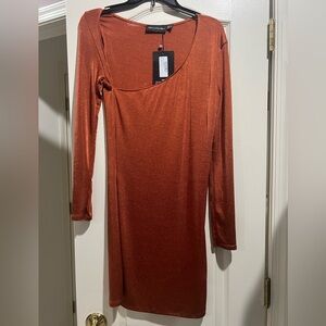 pretty little thing Bodycon long sleeve dress rust color size 8 NWT